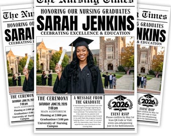 Plantilla de periódico para anuncio de graduación – Diseño editable de Canva para graduados, envoltorio para ramo de flores para fotografía, descarga digital