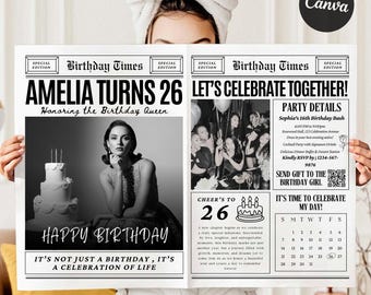 Plantilla personalizada para periódico de cumpleaños, diseño editable de póster de periódico grande en Canva para fotografía y decoración de fiestas de cumpleaños.
