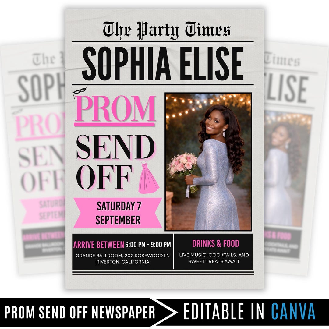 Newspaper Prom Invitation, Pre-prom Send off Flyer, Black and Pink Glam ...