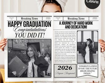 Plantilla de regalo de periódico de graduación, papel de periódico para envolver un ramo de flores, regalo de graduación para estudiantes universitarios, plantilla editable de Canva, celebración personalizada