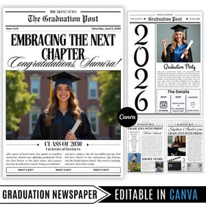 Op de afbeelding: Een afstudeerkrant sjabloon met een vintage esthetiek. De kop luidt "Embracing the Next Chapter." De hoofdafbeelding toont een afgestudeerde in toga en baret. Extra secties bevatten details en een kort verhaal.
