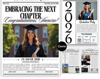 Plantilla de periódico de graduación, artículo de noticias de graduación editable en Canva, póster para la fiesta de graduación de 2026, anuncio de graduación e invitación a la fiesta, descarga en PDF.
