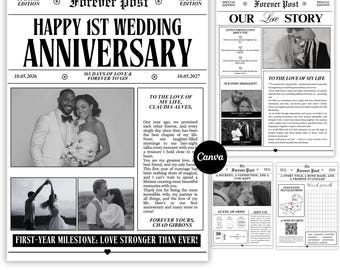 Periódico de aniversario de bodas, plantilla de Canva editable para parejas, regalo de primer aniversario para él o ella, versión imprimible