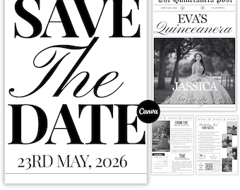 Periódico para guardar la fecha de quinceañera, diseño personalizado de Canva para anunciar una fiesta de cumpleaños, descarga digital para una celebración personalizable