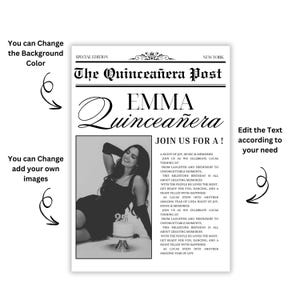 Puede incluir: Una invitaci&oacute;n en blanco y negro estilo peri&oacute;dico para una quincea&ntilde;era, con el titular "The Quincea&ntilde;era Post" y el nombre "Emma". Incluye una foto de una mujer y texto invitando a los invitados a celebrar. La invitaci&oacute;n es personalizable.
