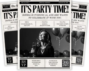 Plantilla editable de periódico de cumpleaños, póster de invitación de fiesta con periódico grande de Canva, descarga digital instantánea para celebración de cumpleaños