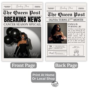 May include: A two-page newspaper-style birthday announcement. The front page reads "The Queen Post BREAKING NEWS CANCER SEASON SPECAIL" with a photo of a woman holding black balloons. The back page reads "OLIVIA TURNS 27TH MONTH" with a photo of a woman holding a glass of wine.