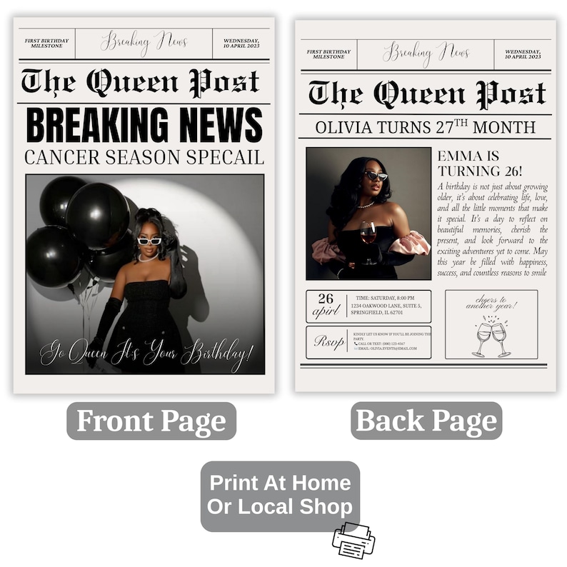 May include: A two-page newspaper-style birthday announcement. The front page reads "The Queen Post BREAKING NEWS CANCER SEASON SPECAIL" with a photo of a woman holding black balloons. The back page reads "OLIVIA TURNS 27TH MONTH" with a photo of a woman holding a glass of wine.