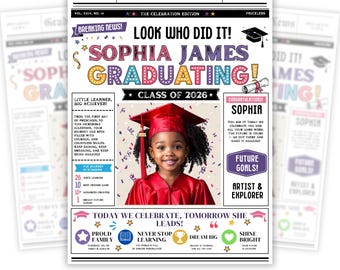Anuncio de graduación de jardín de infantes, plantilla Canva estilo periódico para la clase de 2026, diseño editable para graduación de escuela primaria.