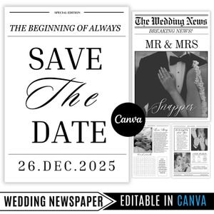 Può includere: Design di giornale di nozze in bianco e nero con il testo "SAVE The DATE" e la data "26.DEC.2025". Include un titolo "MR & MRS" e una foto di una coppia. Il design è modificabile in Canva.