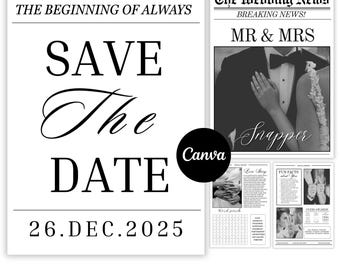 Plantilla editable para anunciar la fecha de la boda, plantilla para publicar la boda en el periódico, periódico personalizado para sesión de fotos de boda, descarga digital.