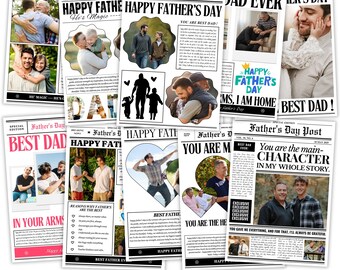 Paquete de plantillas de regalo para el Día del Padre: diseño editable de periódico en Canva, envoltorio personalizado para ramo de flores con diseño de periódico, descarga digital.