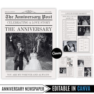 May include: A black and white anniversary newspaper design with the headline "The Anniversary Post" and the text "Celebrating a Love Story." The image features a couple and the words "You are my forever and always!"