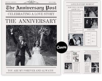 Plantilla imprimible para periódico de aniversario, anuncio de aniversario, diseño en Canva, periódico de aniversario personalizado editable, descarga digital.
