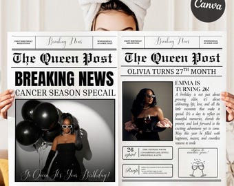 Edición imprimible de periódico de cumpleaños, diseño editable en Canva, anuncio de fiesta moderno y personalizado, plantilla de regalo de periódico digital