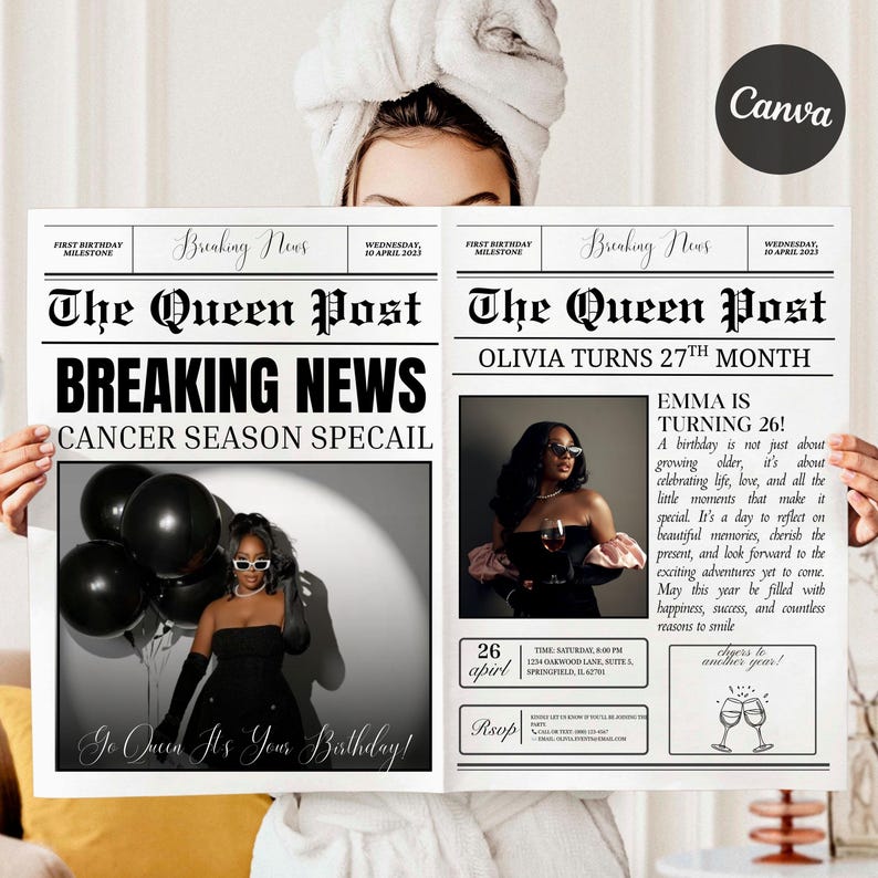May include: A newspaper-style birthday announcement with the headline "Breaking News" and the text "Cancer Season Special." The announcement features photos of a woman in a black dress and sunglasses, along with black balloons. The text reads "Olivia Turns 27th Month" and "Emma is Turning 26!"