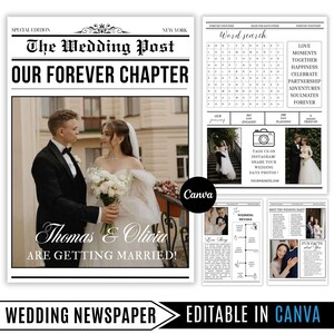 Op de afbeelding: Een zwart-wit ontwerp voor een trouw-krant. De voorpagina toont een stel en de kop "The Wedding Post" met de tekst "Our Forever Chapter". Andere pagina's bevatten een woordzoeker en huwelijksdetails.
