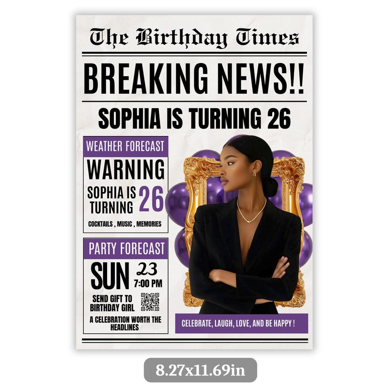 Birthday Newspaper Template, Editable Party Announcement, Customizable
