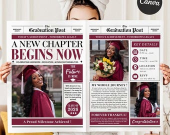 Plantilla de periódico de graduación color borgoña, diseño editable en Canva para graduados de la promoción de 2026, anuncio de un nuevo capítulo.