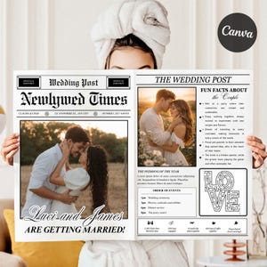 Puede incluir: Una plantilla de periódico de boda titulada Newlywed Times con una foto grande de una pareja, una foto más pequeña, una sección de datos curiosos, un orden de eventos y un laberinto. El texto incluye Luci and James ARE GETTING MARRIED.