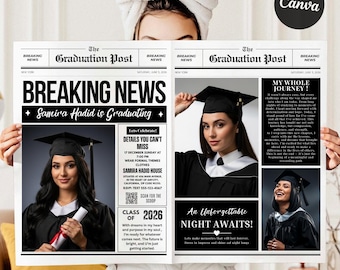 Periódico editable de anuncio de graduación, invitación a la celebración de la promoción de 2026, plantilla de Canva, diseño de descarga digital
