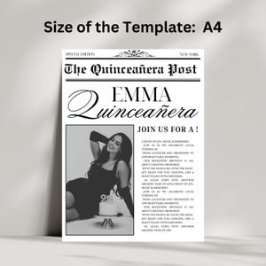 Puede incluir: Un p&oacute;ster en blanco y negro estilo peri&oacute;dico con el titular "The Quincea&ntilde;era Post" y el nombre "Emma Quincea&ntilde;era". Incluye una foto de una mujer y texto invitando a los invitados a una celebraci&oacute;n.