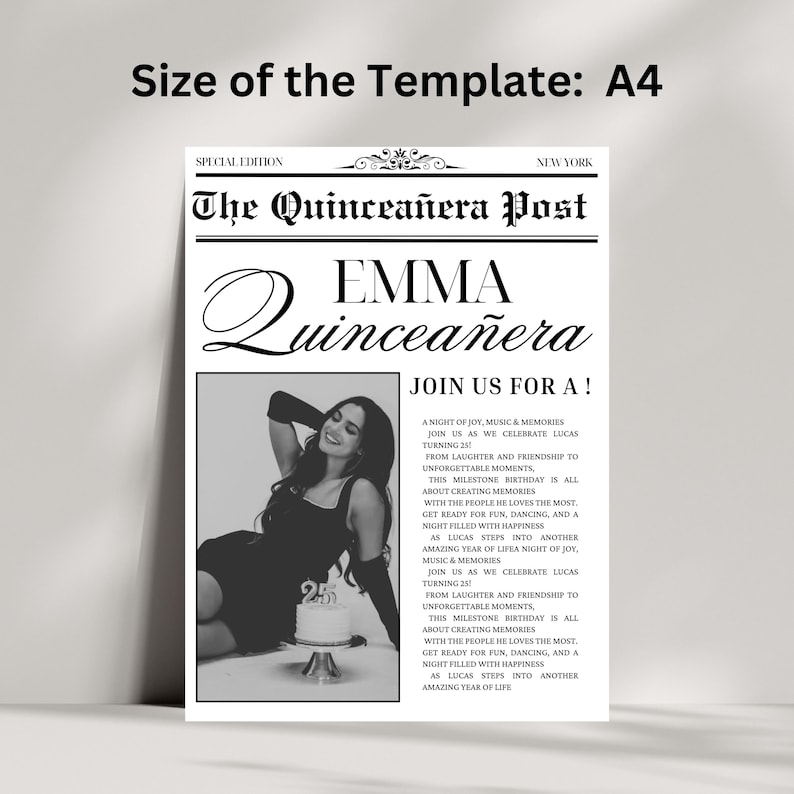Puede incluir: Un p&oacute;ster en blanco y negro estilo peri&oacute;dico con el titular "The Quincea&ntilde;era Post" y el nombre "Emma Quincea&ntilde;era". Incluye una foto de una mujer y texto invitando a los invitados a una celebraci&oacute;n.