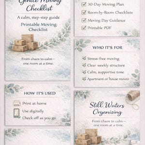 May include: A printable moving checklist with a watercolor design. The checklist includes a 30-day moving plan, room-by-room checklists, and moving day guidance. The checklist is designed to help with stress-free moving and apartment or house moves.