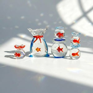 Miniature Glass Goldfish in Bag & Bowl, Handblown Lampwork Fish Figurine, Aquascape Art Accessory, Aquarium Lover Gift, Office Decor Trinket