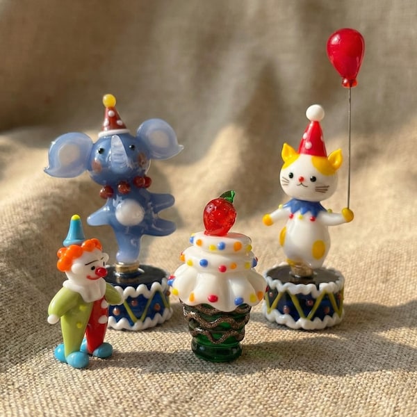 Handmade Clowncore Circus Glass Figurine - Lampwork Elephant, Cat, Clown - Party Favors, Glass Cat Miniature, Office Desk Decor, Kids Gift