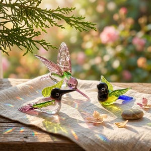 May include: Three glass hummingbird figurines with colorful wings and beaks rest on a linen cloth. The hummingbirds are in shades of pink, green, yellow, and blue. The background is a blurred view of a garden.