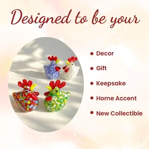 May include: Four colorful glass rooster figurines with red combs and yellow beaks. The roosters are in shades of red, green, blue, and white. Text reads "Designed to be your" and lists "Decor, Gift, Keepsake, Home Accent, New Collectible."