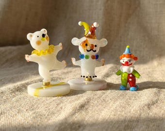 Clowncore Glass Animal Circus Figurine - Polar Bear, Dog, Cow - Whimsical Jester Clown Statue, Lampwork Rotating Miniature, Tniy Quirky Gift