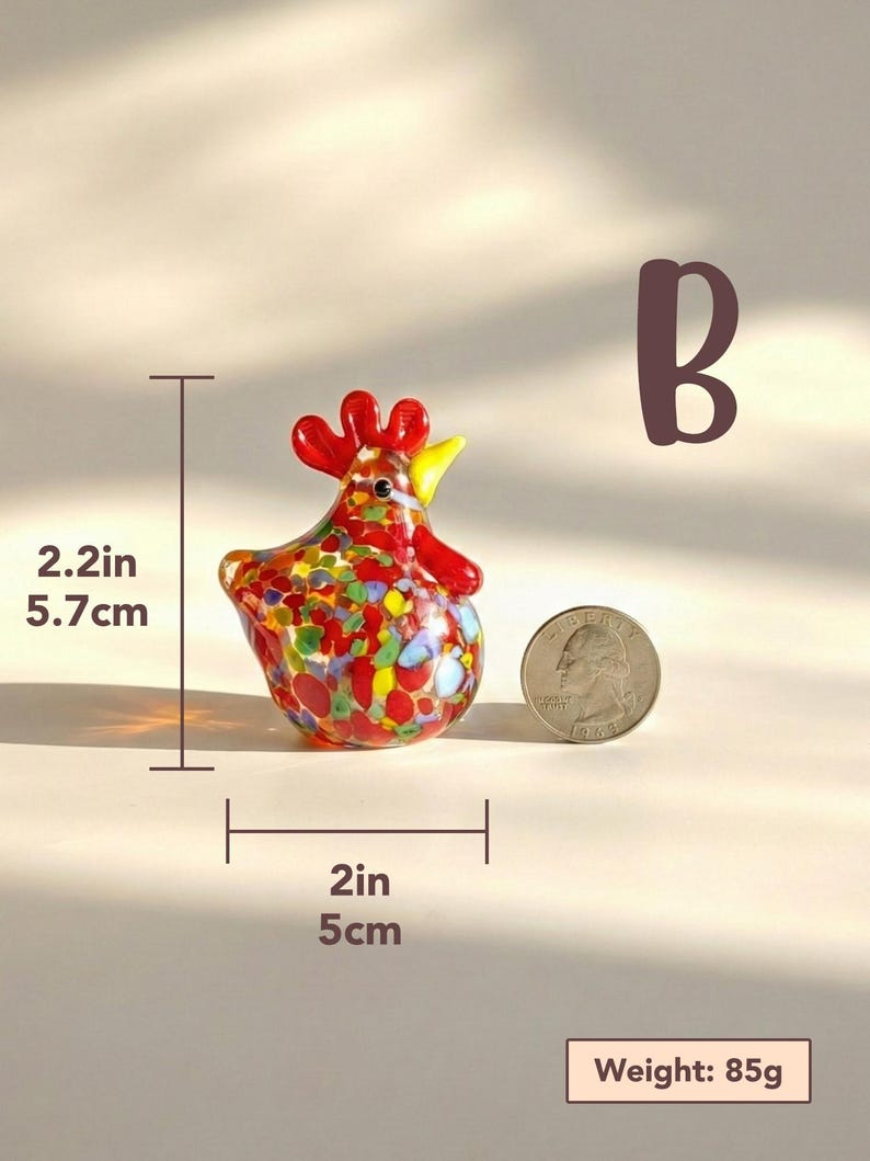 May include: A colorful glass rooster figurine, 2.2 inches tall and 2 inches wide, with red, yellow, and blue accents. The figurine weighs 3 ounces. A coin is next to the rooster for size comparison. The word "B" is in the background.