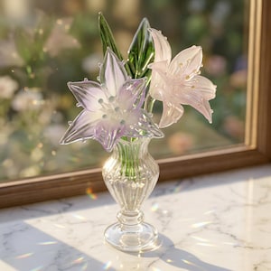 ピンクの花のステンドグラスサンキャッチャー、額入りガラスペイント窓