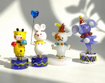 Spinning Glass Circus Animals, Handmade Clowncore Miniature Figurine, Lampwork Giraffe Bunny Dog Elephant, Whimsical Nursery Decor, Desk Toy