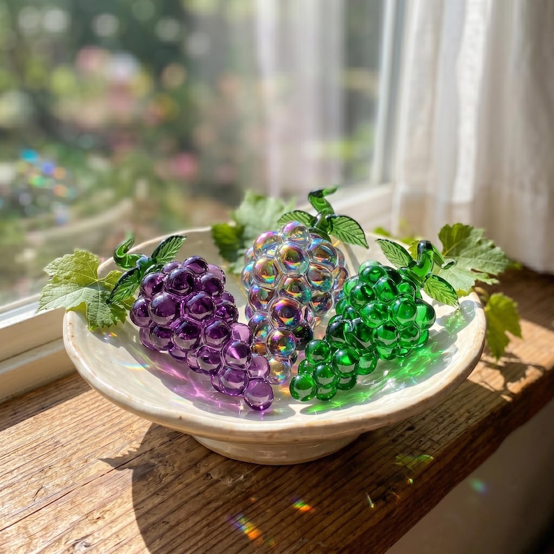 May include: Three clusters of glass grapes in purple, iridescent, and green colors, each featuring small green glass leaves. The grapes are arranged inside a shallow, off-white ceramic bowl, showcasing a smooth, reflective surface.