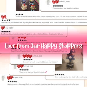 May include: Image featuring customer reviews with heart icons and star ratings. Text includes phrases like "Great products," "Absolutely lovely," and "Love From Our Happy Shoppers." The reviews highlight positive experiences with product quality and delivery.