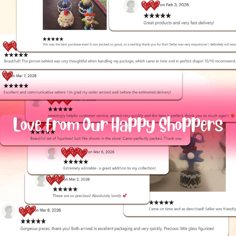 May include: Image featuring customer reviews with heart icons and star ratings. Text includes phrases like "Great products," "Absolutely lovely," and "Love From Our Happy Shoppers." The reviews highlight positive experiences with product quality and delivery.