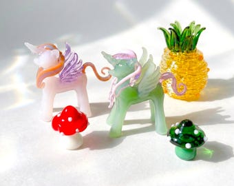 Handblown Glass Horse Figurine, Handmade Mushroom Miniature, Lampwork Fruit Collection, Whimsical Gift for Kids, Fairy Garden Accessories