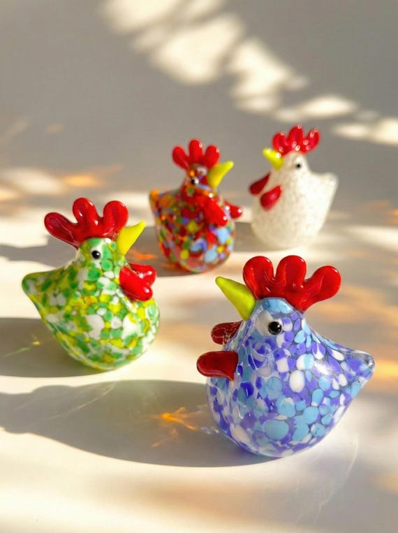 Handmade Miniature Glass Chicken Figurine, Lampwork Colorful Hen Sculpture, Farmhouse Decor for Easter, Animal Worry Stone, Tactile Bird Art