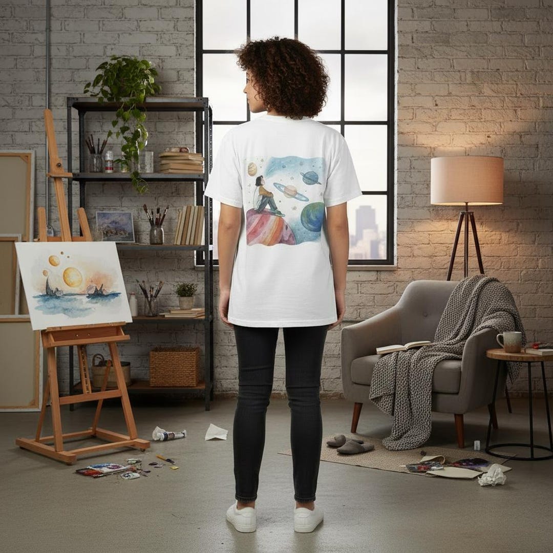Girl Sitting on the World Watching Tshirt Space Illustration