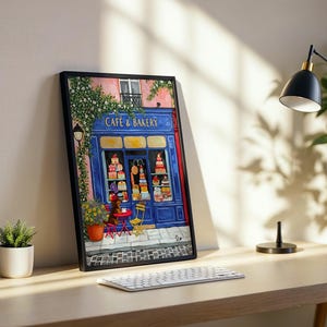 Paris Cafe Art Print: Blue Storefront, Dog & Pastries image 12