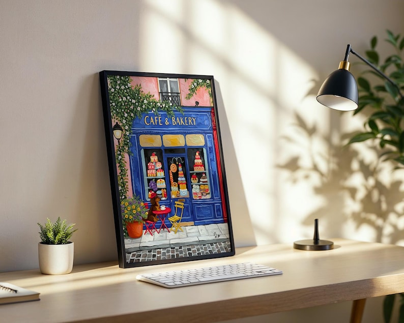 Paris Cafe Art Print: Blue Storefront, Dog & Pastries image 12