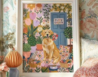 Golden Retriever Puppy Garden Art Print: Whimsical Dog, Flowers, Cottagecore Illustration