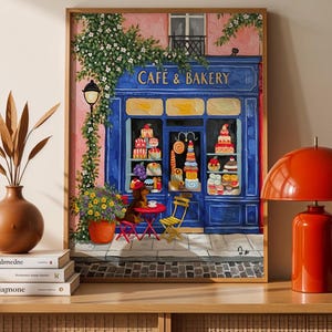 Paris Cafe Art Print: Blue Storefront, Dog & Pastries image 1