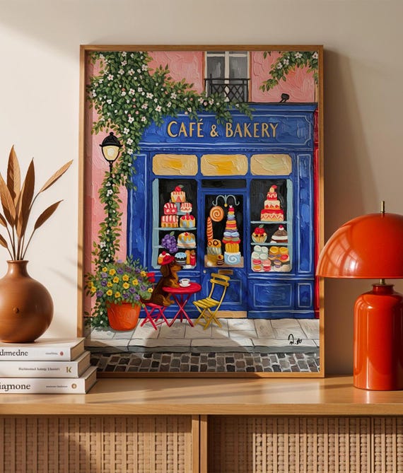 Paris Cafe Art Print: Blue Storefront, Dog & Pastries