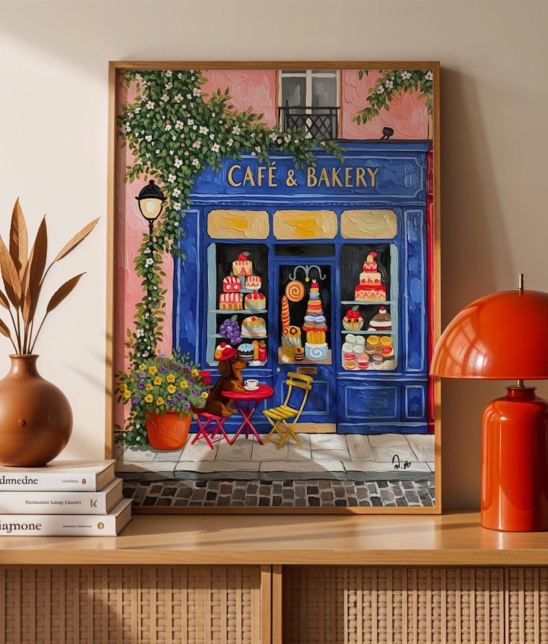 Paris Cafe Art Print: Blue Storefront, Dog & Pastries image 1