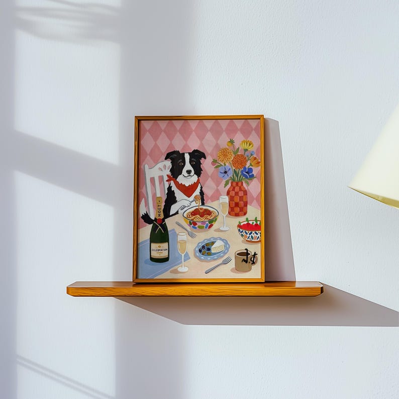Border Collie Pasta Dinner Art Print: Whimsical Dog Illustration ...