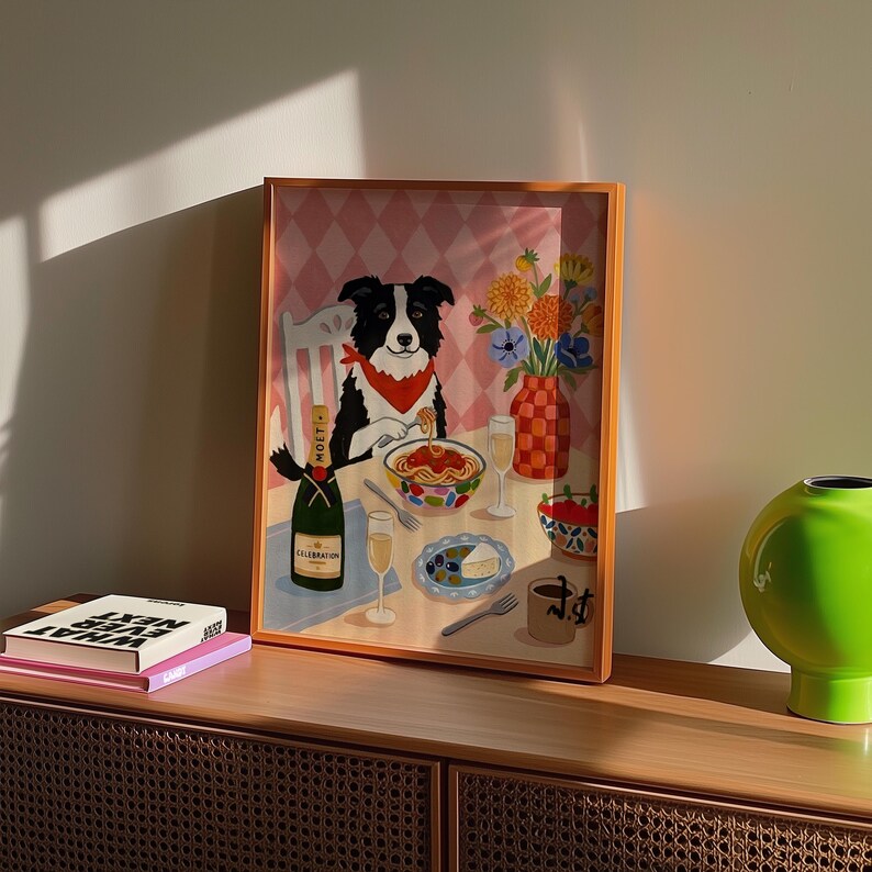Border Collie Pasta Dinner Art Print: Whimsical Dog Illustration ...